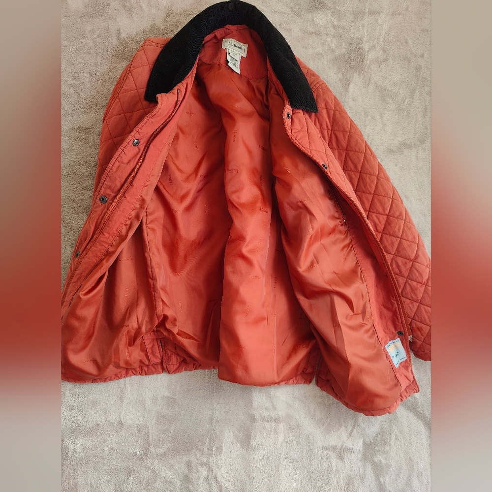 LL Bean Quilted Barn Jacket Thermal Orange Courdoroy Collar Size Medium - Picture 5 of 10